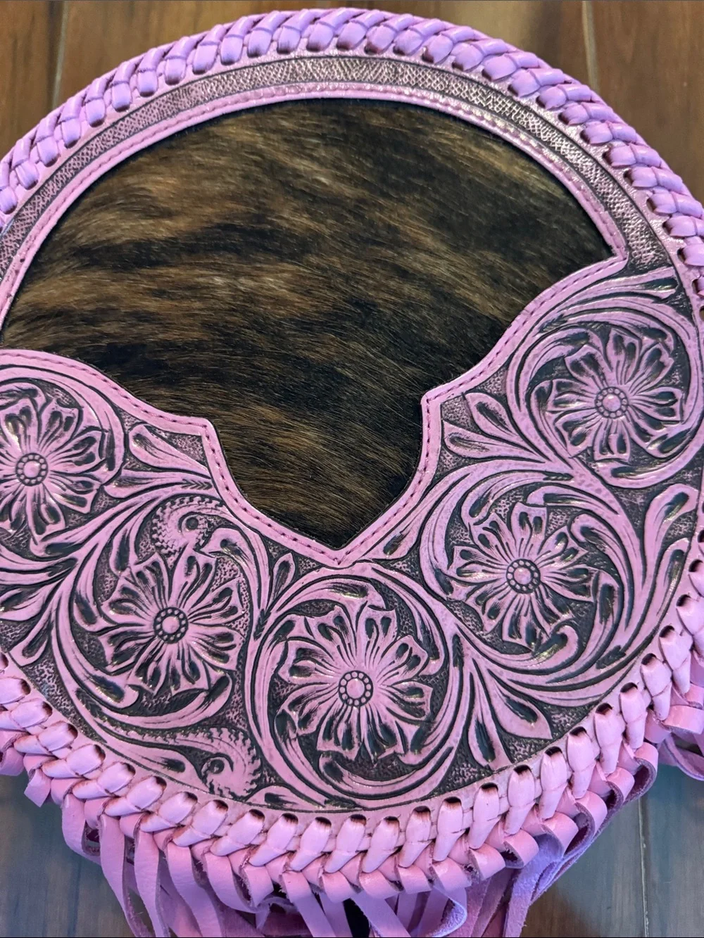 Round Pink Floral Tooled Fringe Crossbody Bag